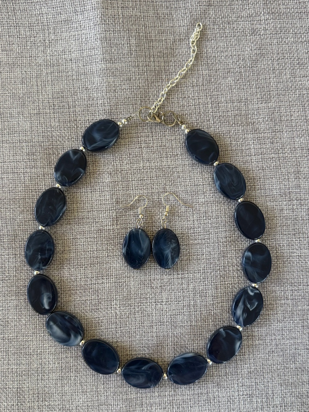 Navy Marbled Statement Necklace & Matching Drop Earrings Set | Silver Tone